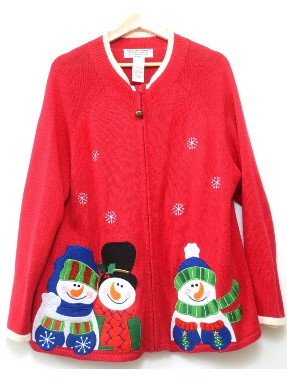 VTG 90s Tiara Intl PLUS 1X Red Snowman Embellished Zip Cardigan Holiday Winter‎
